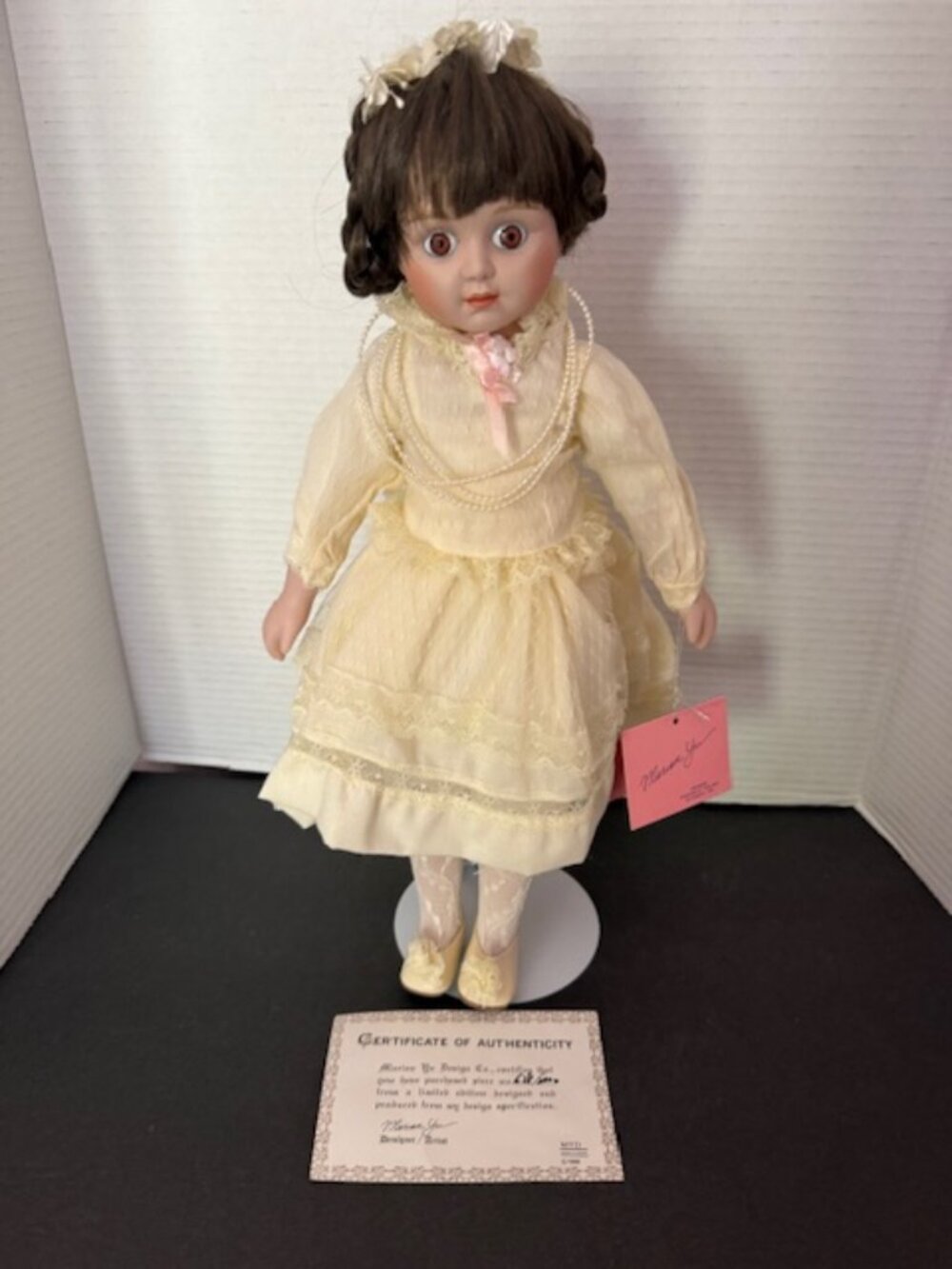 NIB Marian Yu Designs Porcelain Doll with Yellow Victorian Dress 16" W/ Stand